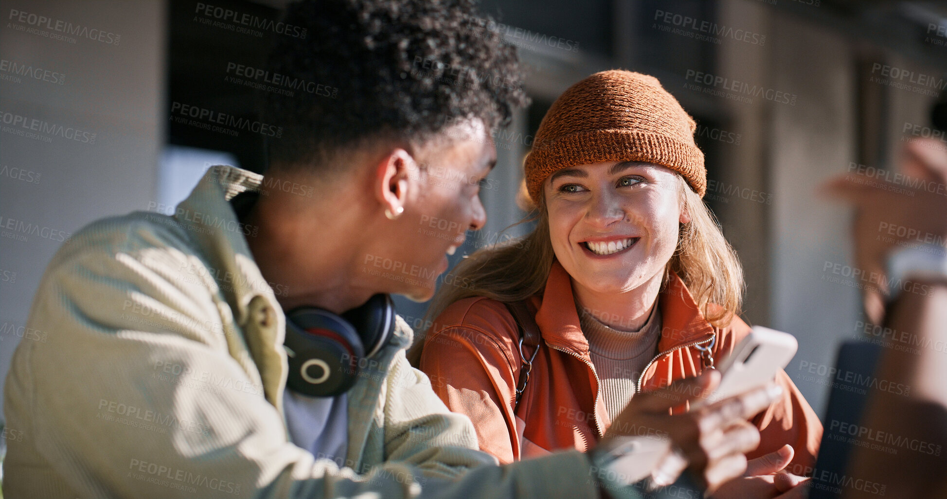 Buy stock photo Education, laughing and phone with student friends on campus together for learning or study. College, school or university with funny man and woman learner outdoor together for app or social media