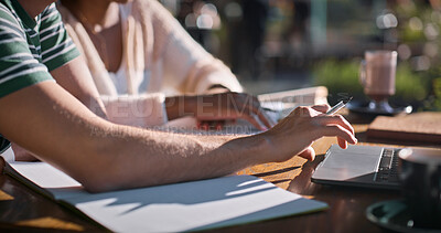 Buy stock photo Outdoor, hands and university student with laptop on internet for research, assignment and essay writing. People, campus and group work at college with studying for exams or assessment as classmates