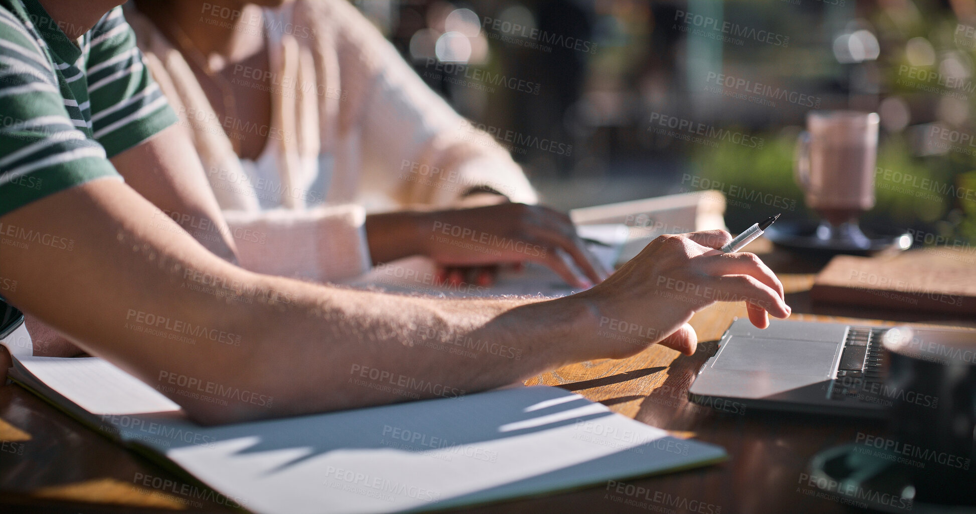 Buy stock photo Outdoor, hands and university student with laptop on internet for research, assignment and essay writing. People, campus and group work at college with studying for exams or assessment as classmates