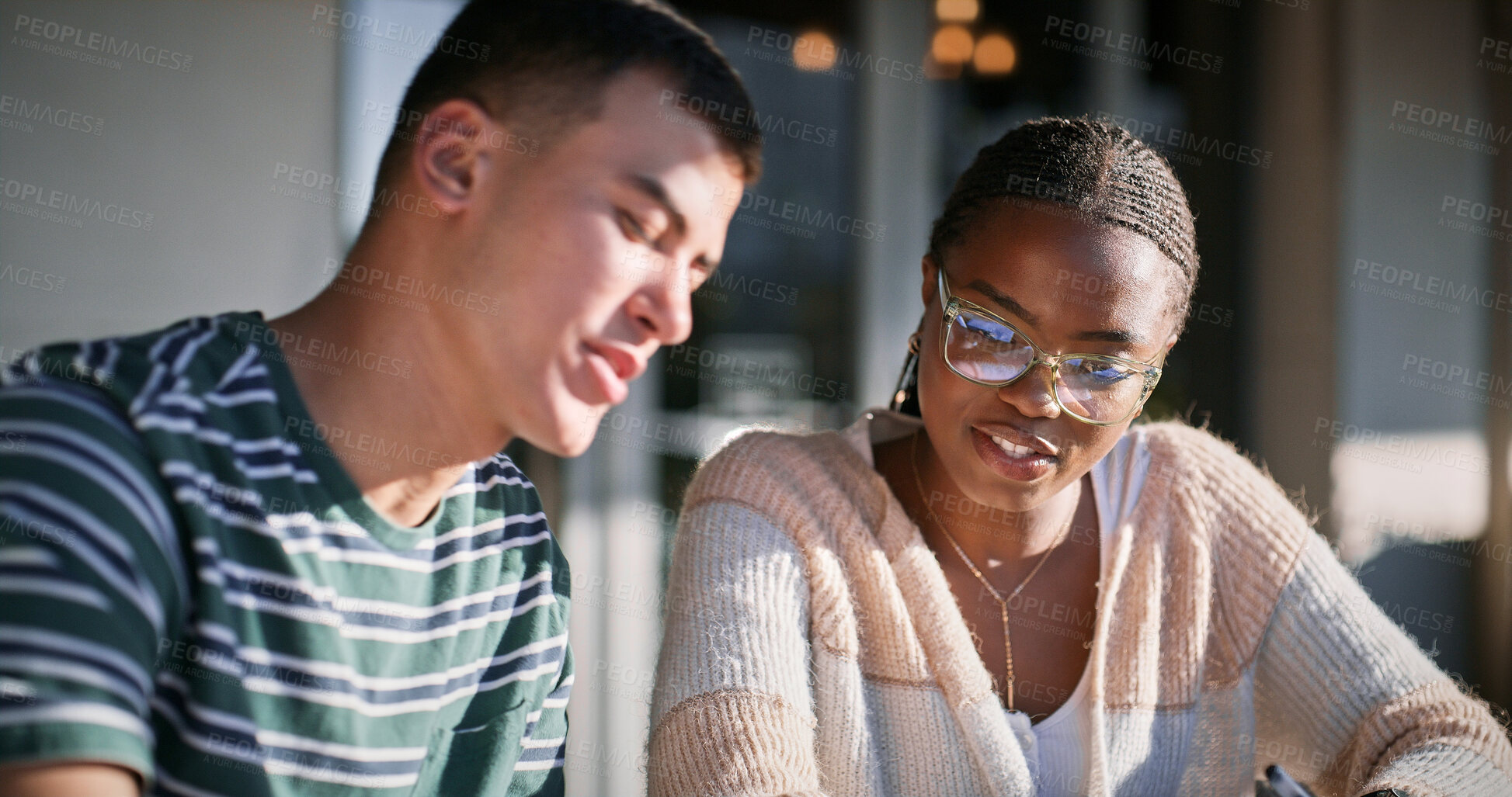 Buy stock photo Conversation, education and future with student friends on campus together for learning or study. College, school or university with serious man and woman learner outdoor together for development