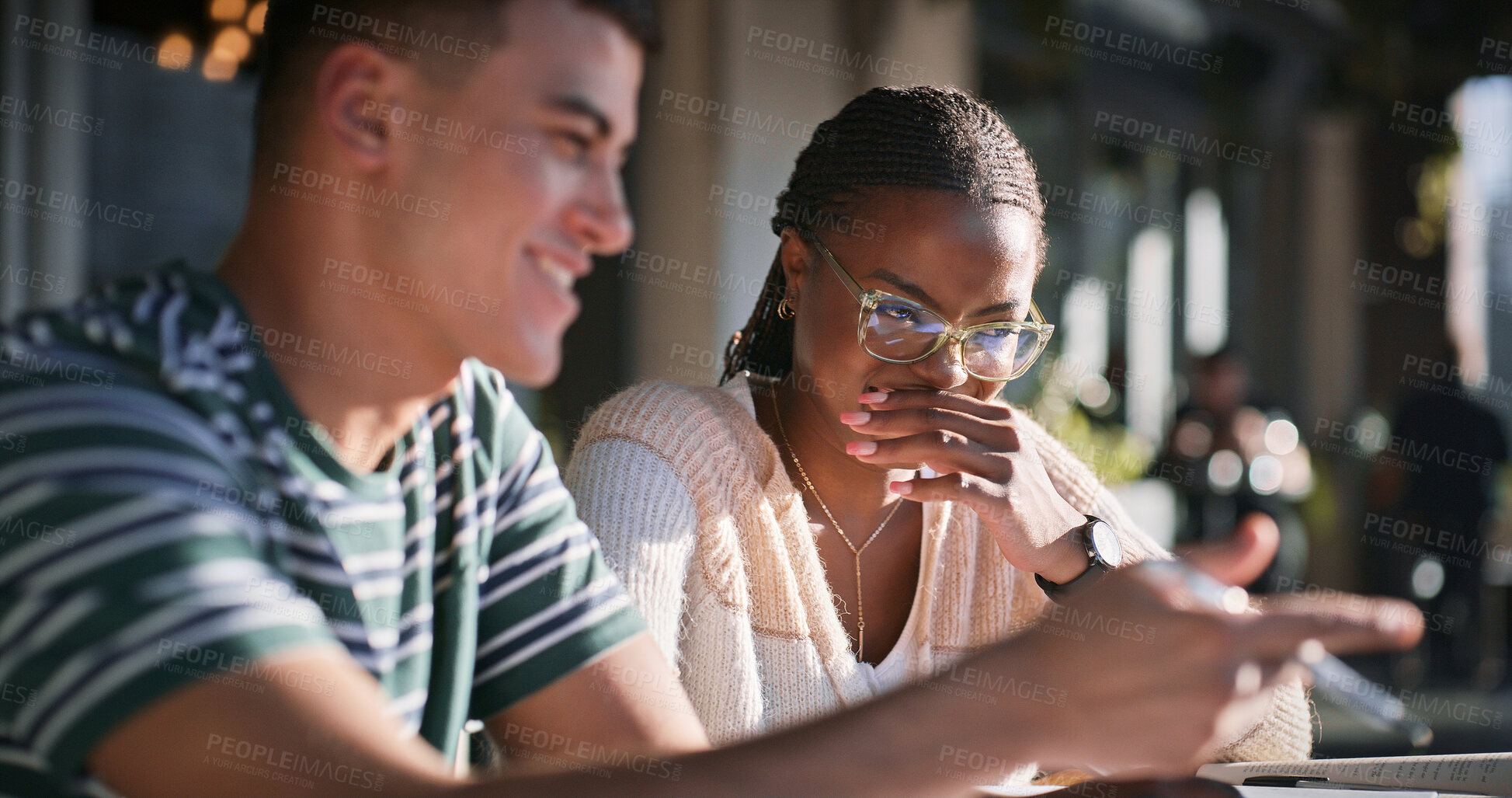 Buy stock photo Education, funny and smile with student friends on campus together for learning or study. College, laughing or university with man and woman learner outdoor happy for academic development or growth