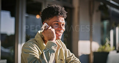 Buy stock photo Smile, man and student with phone call outdoor for communication, school scholarship and opportunity. Happy, male person and mobile app with education discussion, class schedule and study information
