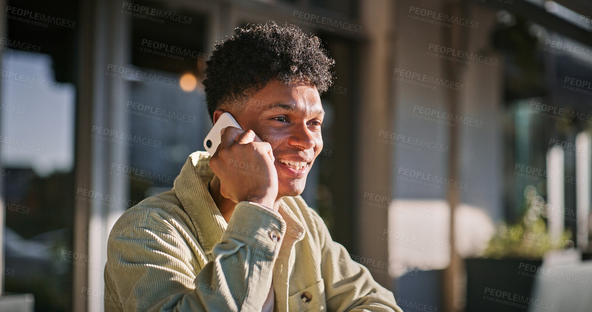 Buy stock photo Smile, man and student with phone call outdoor for communication, school scholarship and opportunity. Happy, male person and mobile app with education discussion, class schedule and study information