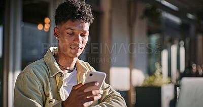 Buy stock photo Man, student and typing with phone outdoor for communication, scholarship feedback and opportunity. Male person and scroll on mobile app with education schedule, reading offer and university results
