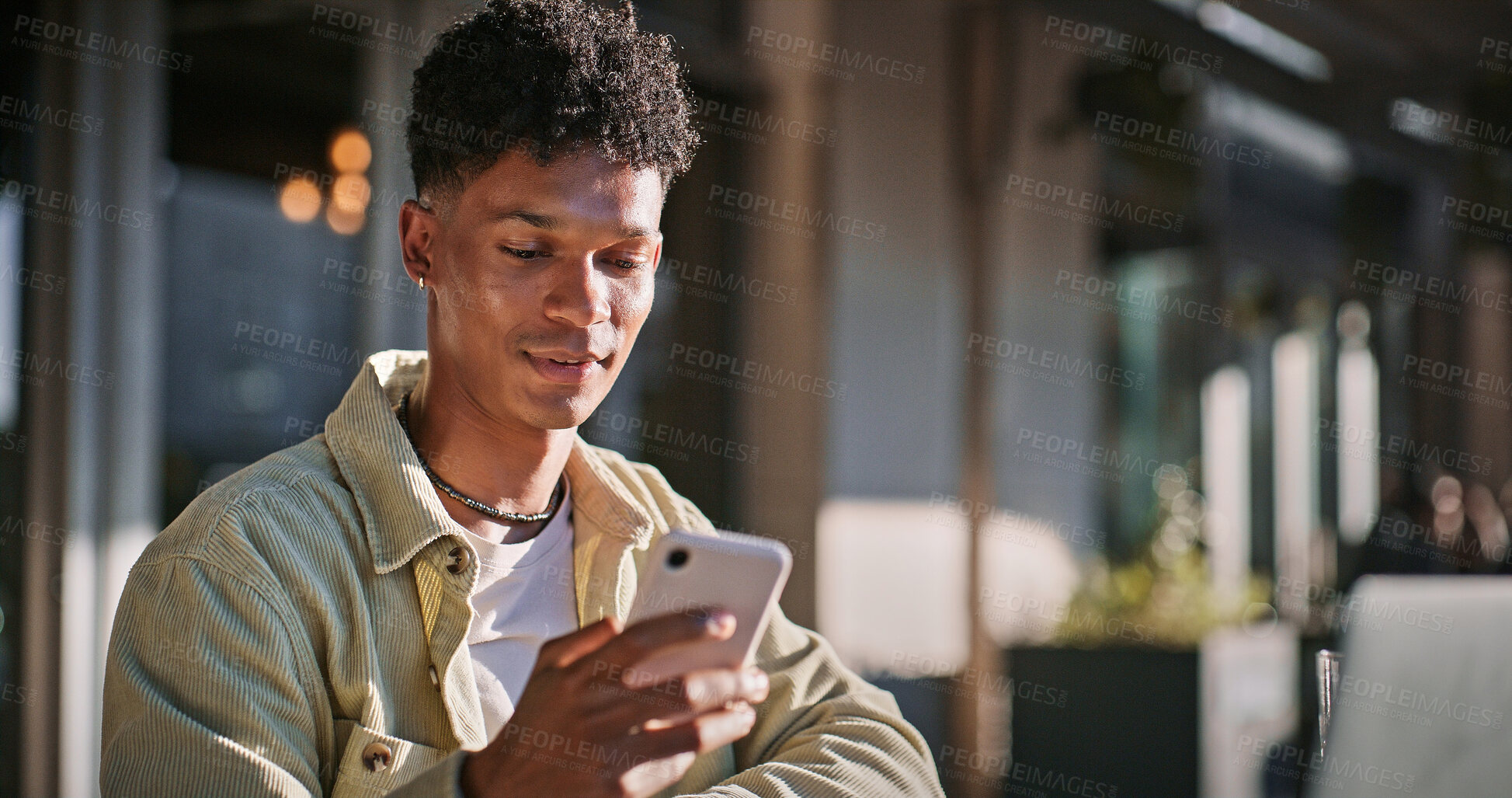 Buy stock photo Man, student and typing with phone outdoor for communication, scholarship feedback and opportunity. Male person and scroll on mobile app with education schedule, reading offer and university results

