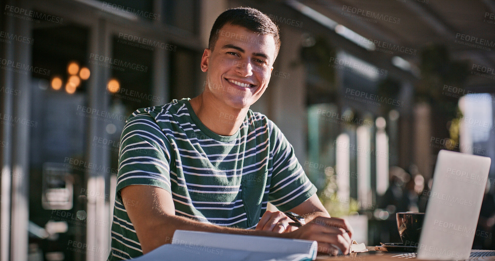 Buy stock photo Man, university student and happy with laptop on portrait for assignment and exam revision on campus. Male person, college learner and smile for education on research or study for assessment outdoor