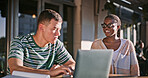 Education, laptop and smile with student friends on campus together for learning or study. College, computer or university with man and woman learner outdoor together for development or growth