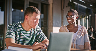 Buy stock photo Education, laptop and smile with student friends on campus together for learning or study. College, computer or university with man and woman learner outdoor together for development or growth