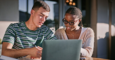 Buy stock photo Education, laptop and reading with student friends on campus together for development or learning. College, computer for research at university with man and woman learner outdoor together to study