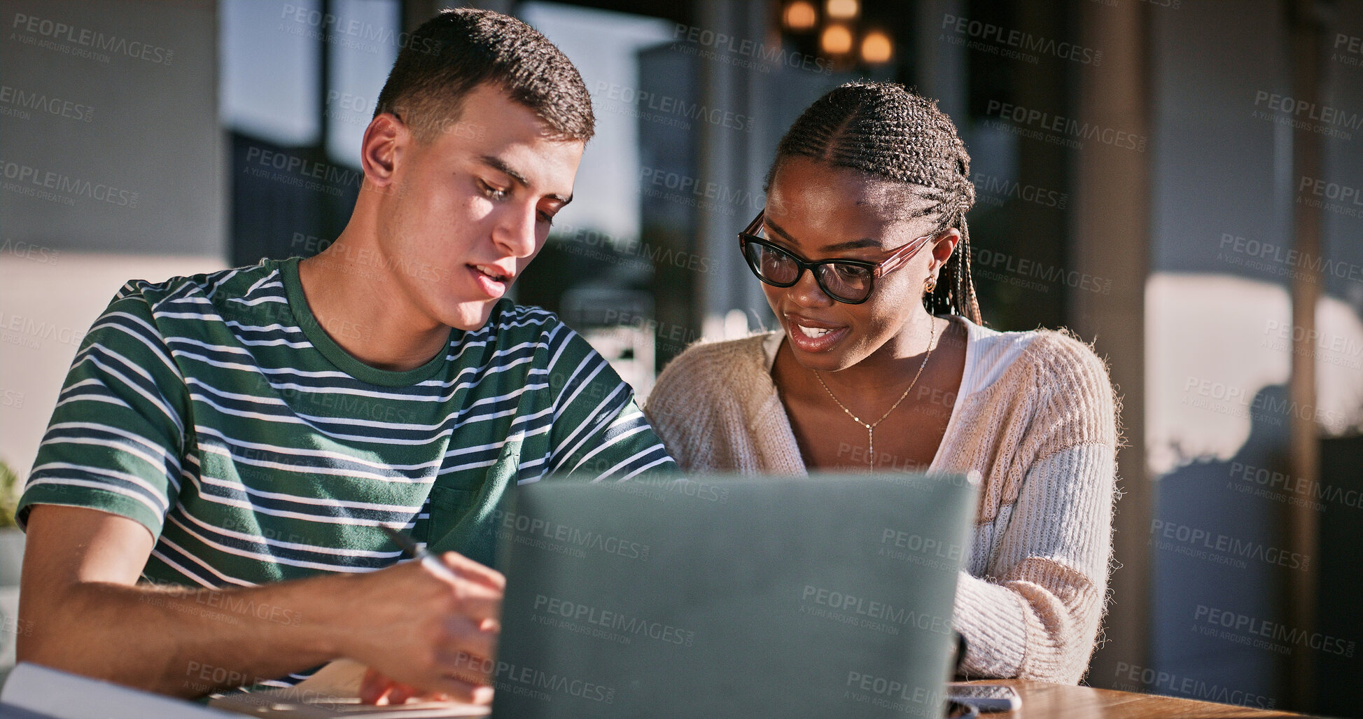 Buy stock photo Education, laptop and reading with student friends on campus together for development or learning. College, computer for research at university with man and woman learner outdoor together to study