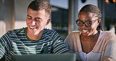 Buy stock photo College, laptop and smile with student friends on campus together for virtual learning. Education, computer or university with man and woman learner outdoor for development, growth or online study