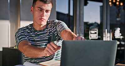 Buy stock photo Laptop, cafe and happy man celebrate, excited and dance for online research success, feedback or victory. Customer, remote work and freelance person cheers with announcement, winner and project
