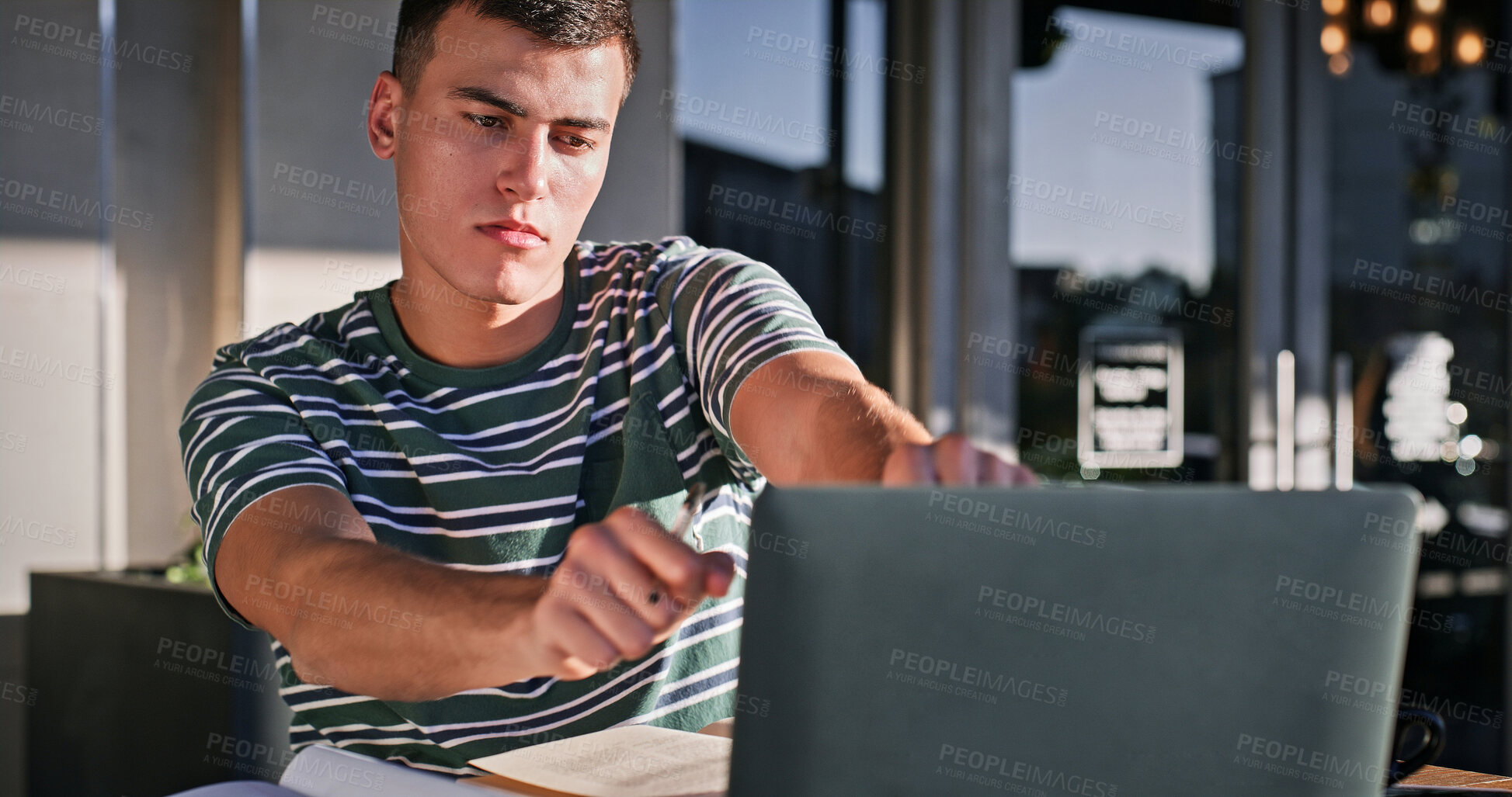 Buy stock photo Laptop, cafe and happy man celebrate, excited and dance for online research success, feedback or victory. Customer, remote work and freelance person cheers with announcement, winner and project