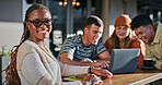 Woman, cafe and portrait with friends, smile and happiness with social gathering, connection and laptop. Students, coffee shop and people with computer, tech and reunion with research and relaxing