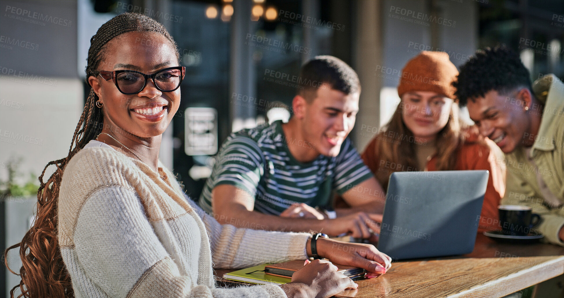 Buy stock photo Woman, cafe and portrait with friends, smile and happiness with social gathering, connection and laptop. Students, coffee shop and people with computer, tech and reunion with research and relaxing