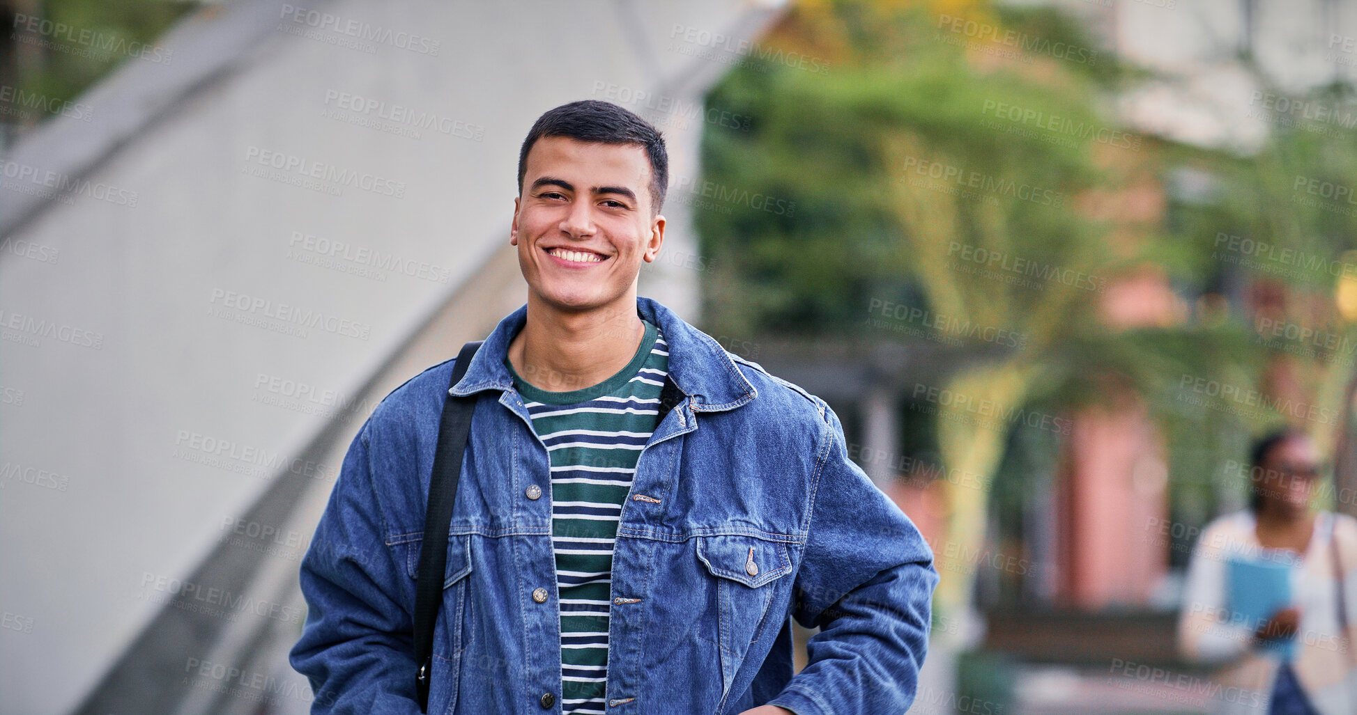 Buy stock photo Education, university and student in park for scholarship, knowledge and future goals with portrait smile. Happy man, college or academy campus for learning, commute and pride with satisfaction