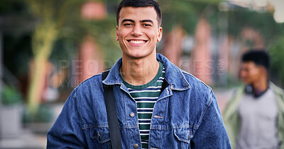 Buy stock photo Knowledge, university and student in park for scholarship, education and future goals with portrait smile. Happy man, college or academy campus for learning, commute and pride with satisfaction