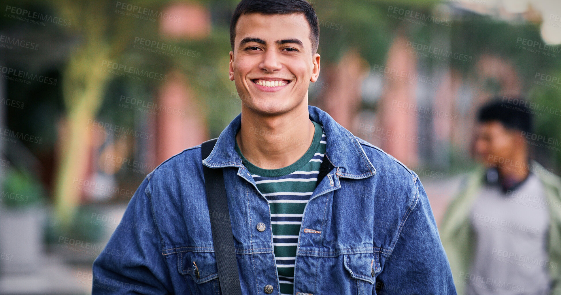 Buy stock photo Knowledge, university and student in park for scholarship, education and future goals with portrait smile. Happy man, college or academy campus for learning, commute and pride with satisfaction