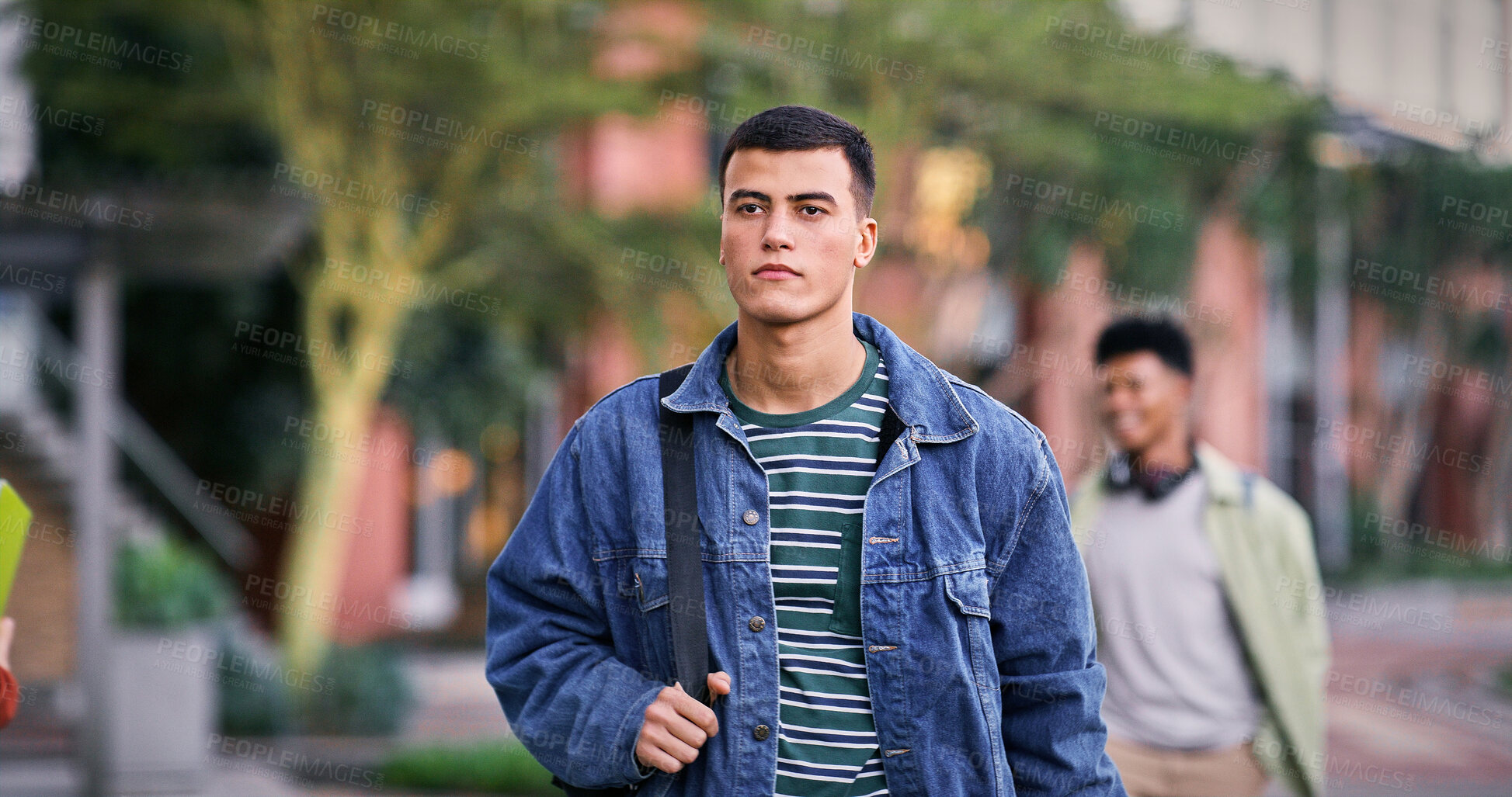 Buy stock photo Thinking, university and student in park for scholarship, education and future goals with ideas. Man, backpack and college campus for academy learning, commute and pride with walk for knowledge