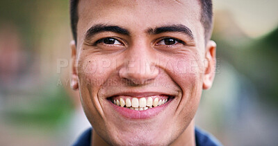 Buy stock photo Student, university and closeup in park for scholarship, education and future goals with portrait smile. Happy man, college or academy campus for learning, commute and pride with satisfaction