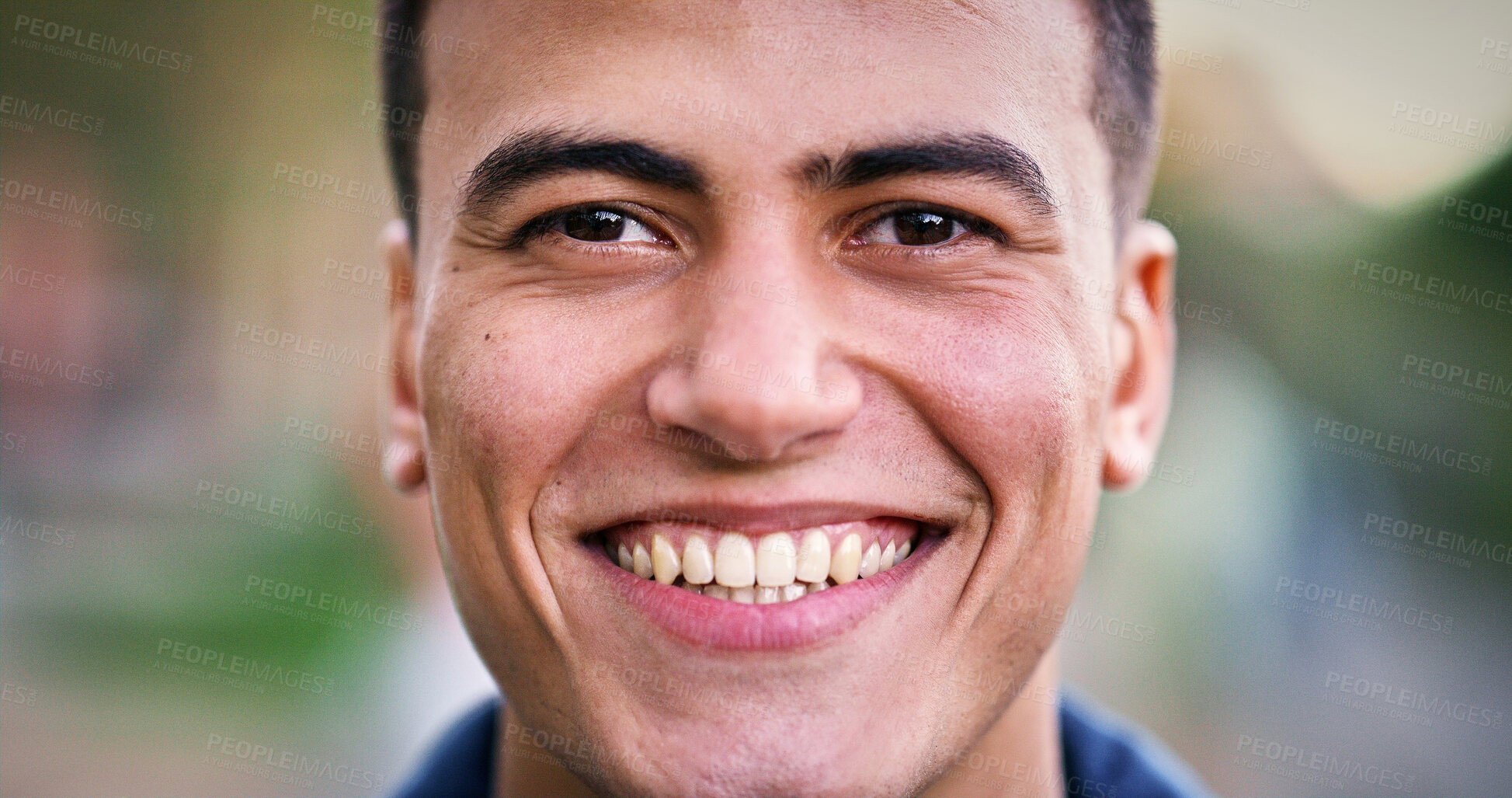 Buy stock photo Student, university and closeup in park for scholarship, education and future goals with portrait smile. Happy man, college or academy campus for learning, commute and pride with satisfaction