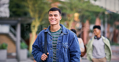 Buy stock photo Knowledge, university and student on park walk for scholarship, education and future goals with portrait smile. Happy man, college or academy campus for learning, commute and pride with satisfaction