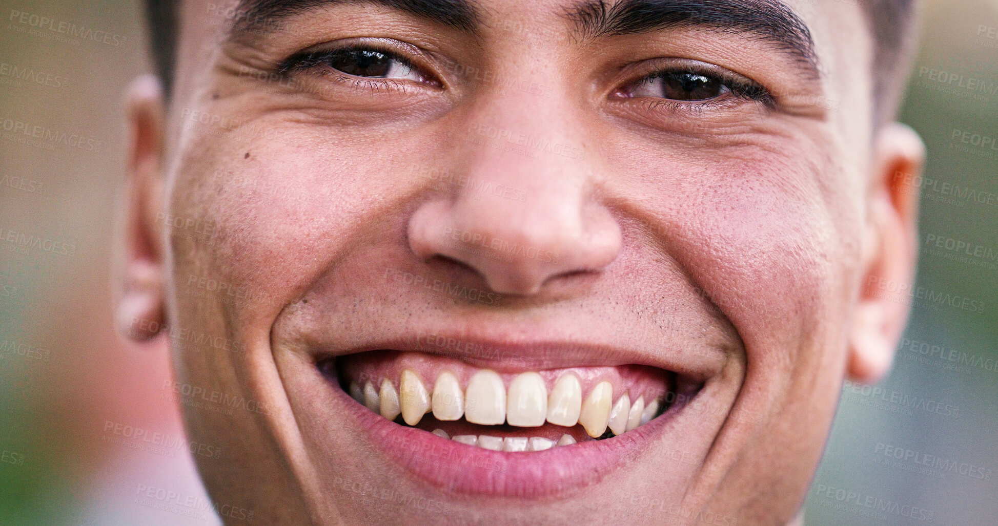 Buy stock photo Happy man, university and closeup in park for scholarship, education and future goals with portrait smile. Student, college or academy campus for learning, commute and pride with satisfaction