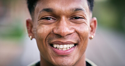 Buy stock photo African man, university and closeup in park for scholarship, education and future goals with portrait smile. Student, college or academy campus for learning, commute and pride with satisfaction