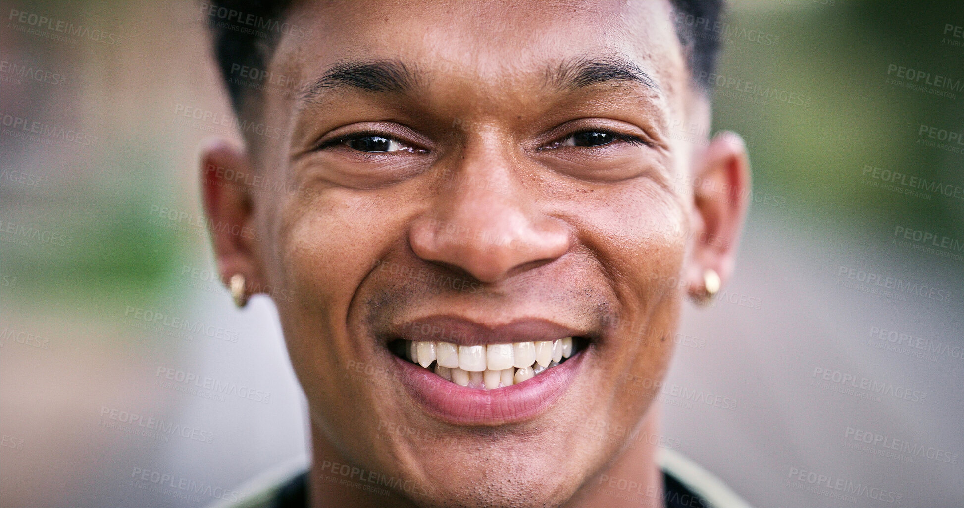 Buy stock photo African man, university and closeup in park for scholarship, education and future goals with portrait smile. Student, college or academy campus for learning, commute and pride with satisfaction