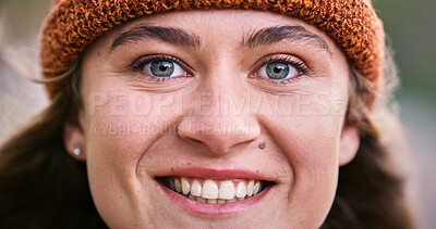 Buy stock photo Woman, portrait and closeup of eyes for vision with optical assessment, glaucoma exam and healthcare. Girl, person and ophthalmology with smile for healthy eyesight, contact lenses and optometry test