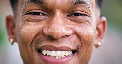 Buy stock photo African student, university and closeup in park for scholarship, education and future goals with portrait smile. Man, college or academy campus for learning, commute and pride with satisfaction