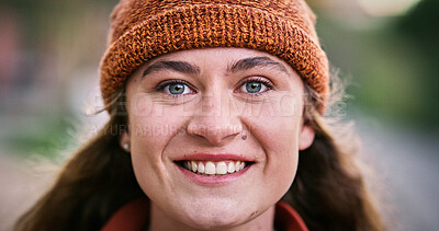 Buy stock photo Woman, student and outdoor for portrait with smile, academic opportunity and scholarship. Girl, happy or face on university campus for exchange programme, ambition or ready for new semester in Norway