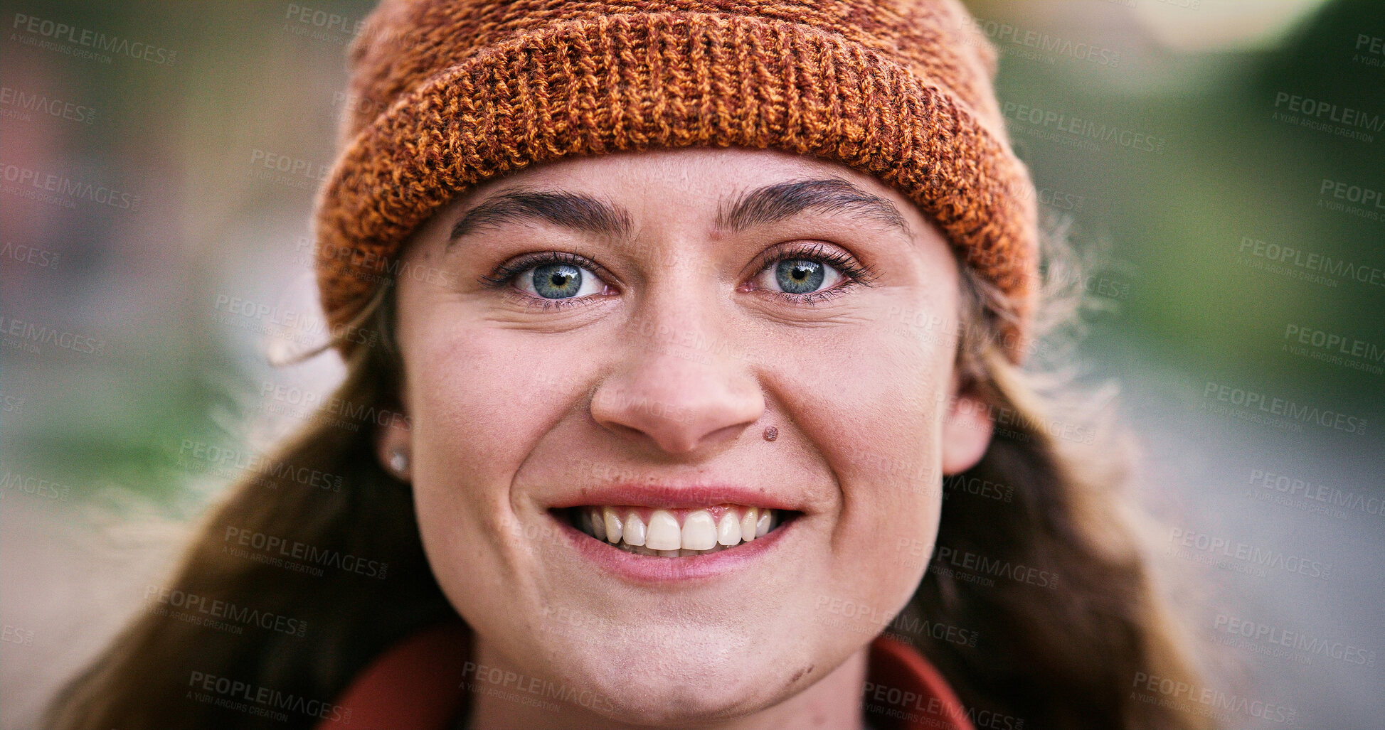Buy stock photo Woman, student and outdoor for portrait with smile, academic opportunity and scholarship. Girl, happy or face on university campus for exchange programme, ambition or ready for new semester in Norway