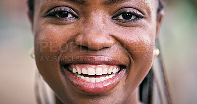 Buy stock photo Happy woman, student or outdoor for portrait with smile, academic opportunity or closeup with scholarship. Girl, excited or face on campus for exchange programme, ambition or new semester in Nigeria