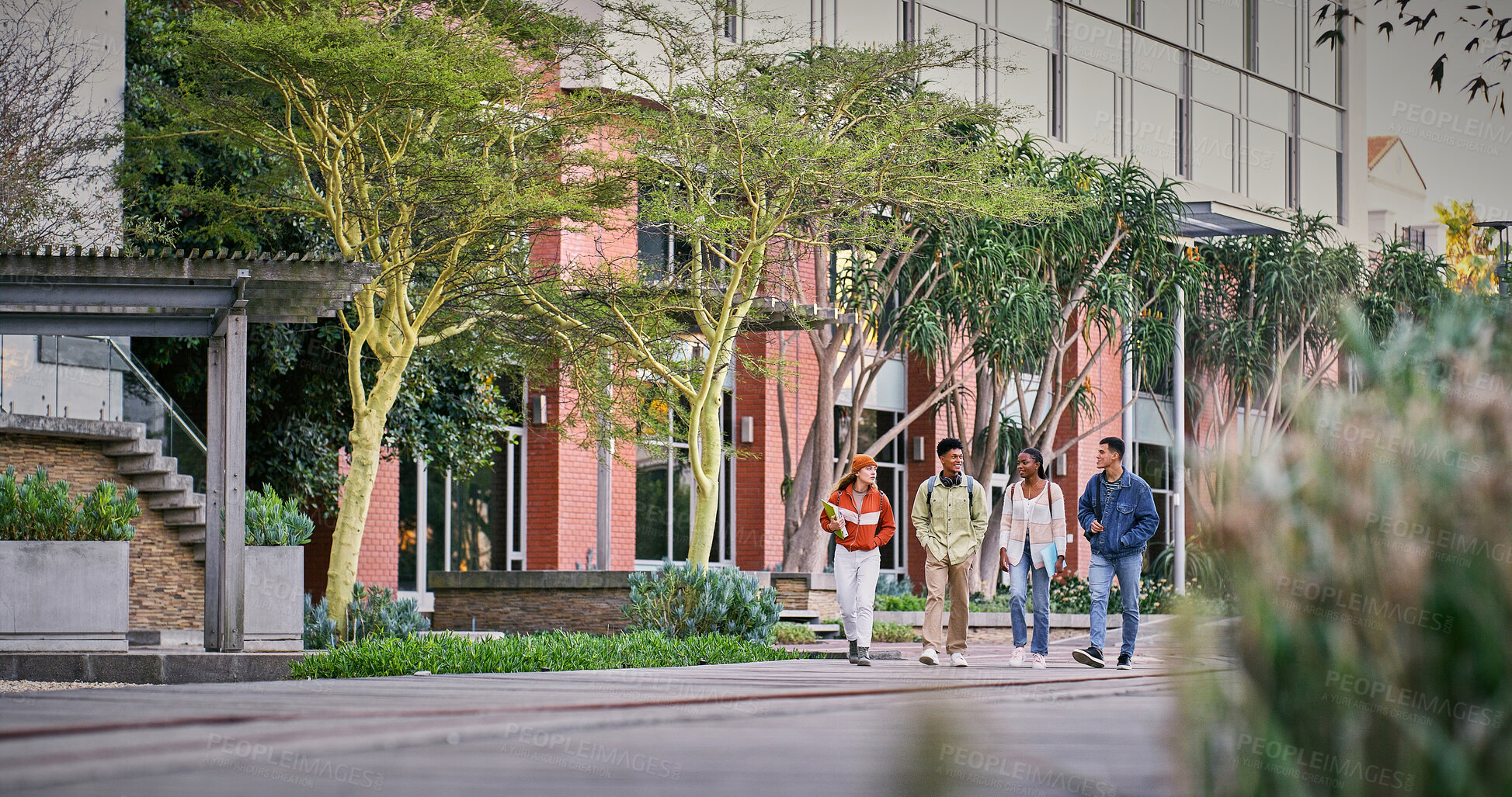 Buy stock photo Group, people and students walking on campus for education, social project and classroom outdoor. School, friends and communication at university of learning, study and bonding together in morning