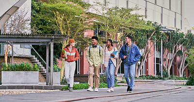 Buy stock photo Group, students and walking with people, smile and backpacks for outdoor on campus or university. Friends, happy and talking for education, development and scholarship for learning, college or school