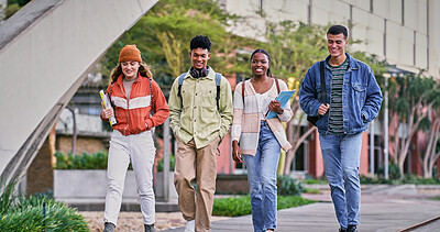 Buy stock photo Friends, students and outdoor with people, smile and backpacks for walking on campus or university. Group, happy and talking for education, development and scholarship for learning, college or school