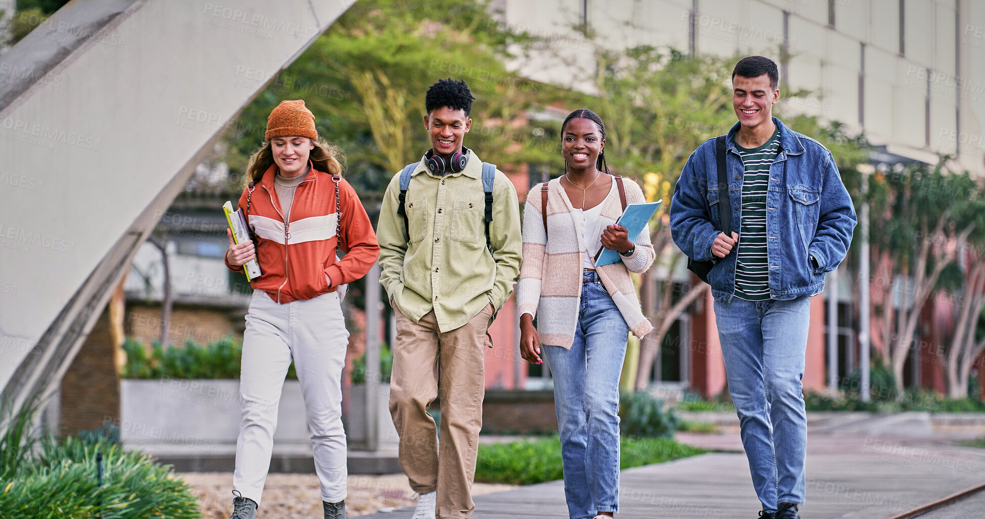 Buy stock photo Friends, students and outdoor with people, smile and backpacks for walking on campus or university. Group, happy and talking for education, development and scholarship for learning, college or school