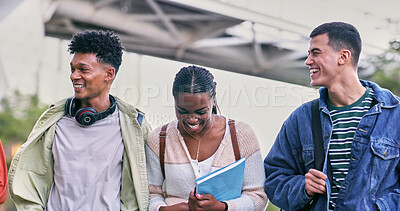 Buy stock photo Group, students and walking with friends, happy and diversity for outdoor on campus or university. People, smile and talking for education, development and scholarship for learning, college or school