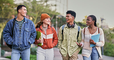 Buy stock photo Group, students and outdoor with people, smile and backpacks for walking on campus or university. Friends, happy and talking for education, development and scholarship for learning, college or school