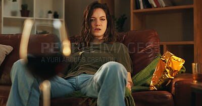 Buy stock photo Alcoholic, thinking and glass of wine with woman in living room for substance abuse, risk and depression. Mental health, addiction and anxiety with drink at home for temptation, withdrawal or control