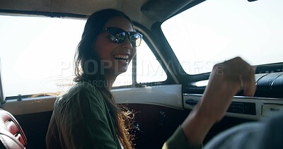Buy stock photo Car, woman and happy with road trip for travel, adventure journey and confidence as passenger. Holiday, female person and smile in vehicle for transportation, vacation and cheerful for summer break
