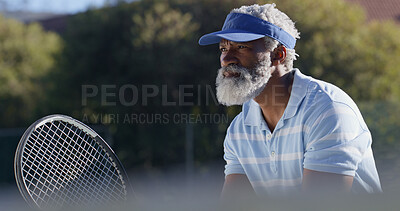 Buy stock photo Tennis, serve and start with senior black man on court for sports tournament, competition and game. Training, exercise and championship with elderly person in outdoors for athlete, fitness and event