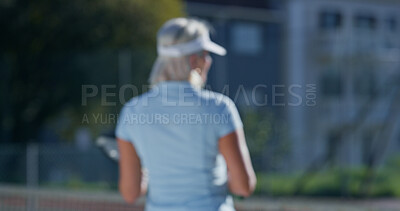 Buy stock photo Fitness, back and tennis player on court for training, championship or match with exercise. Sports, blur and female athlete with workout, game or practice outdoor on field at stadium for hobby.