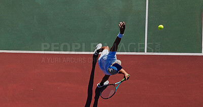 Buy stock photo Tennis, serve and mature man on court with challenge, performance and outdoor game from above. Racket, ball and professional athlete at lines for fitness, wellness and competition at sports club