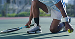 Legs, tennis and player with racket, field and fitness with sport, workout and healthy for match and active. Outdoor, training and person with sneakers for competition, feet and athlete for game