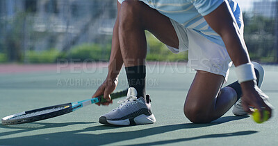Buy stock photo Legs, tennis and player with racket, field and fitness with sport, workout and healthy for match and active. Outdoor, training and person with sneakers for competition, feet and athlete for game