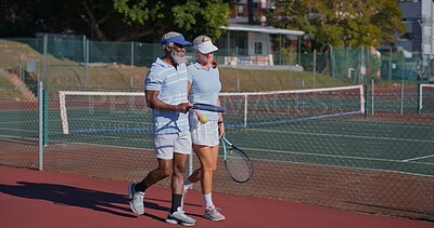 Buy stock photo Tennis court, mature couple and interracial people for match, game or competition. Fitness, sports racket and athlete man with woman for training, workout and weekend hobby for health and wellness