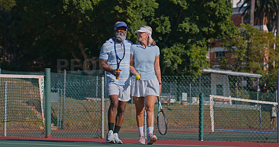 Buy stock photo Tennis court, interracial couple and mature people for fitness, game or competition. Training, sports racket and athlete man with woman for match, workout and weekend hobby for health and wellness