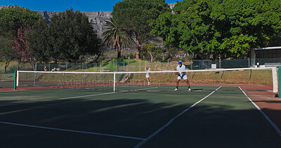 Buy stock photo Fitness, sport and mature people with racket, performance and playing of game for exercise, healthy and active. Outdoor, training and athlete with equipment for workout, match or confident for tennis